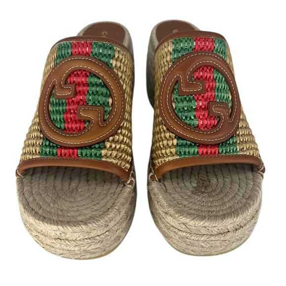 Gucci Adela Leather Trimmed Raffia Wedge Espadrilles - Picture 9 of 16